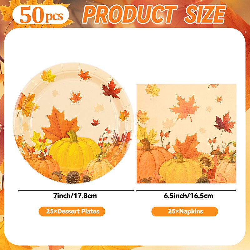 Autumn Paper Plates Adorned with Warm Fallen Leaves and Pumpkin Motifs - immagine 2
