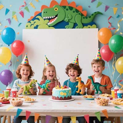 Four children are happily celebrating a dinosaur-themed birthday party, with a decorated cake, colorful balloons, and party hats