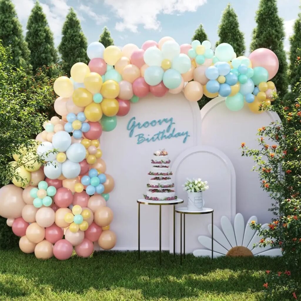 It's a beautiful outdoor birthday scene decoration with a colorful balloon arch
